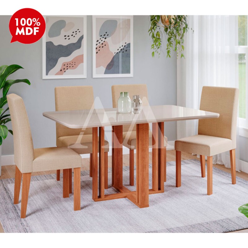 CJ MESA 4C CIMOL FLORA C/VIDRO RETANGULAR 130X80 MAIA CINAMOMO/OFF WHITE/GENGIBRE