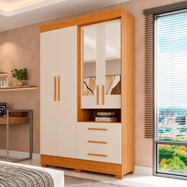 ROUPEIRO 4P ABRIR 3G ACP DEBORA CAPELINHA C/ESPELHO CINAMOMO/OFF WHITE