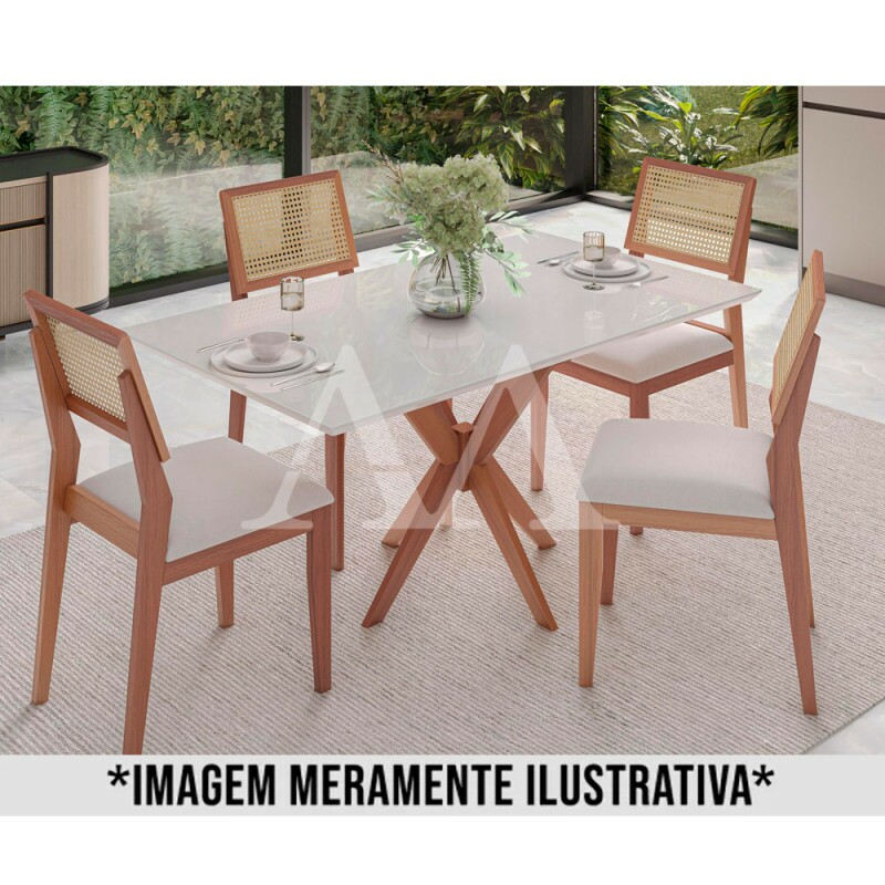 CJ MESA 04 CADEIRAS AGN ANNA RETANGULAR 116X80 C/VIDRO MADEIRA/OFF WHITE